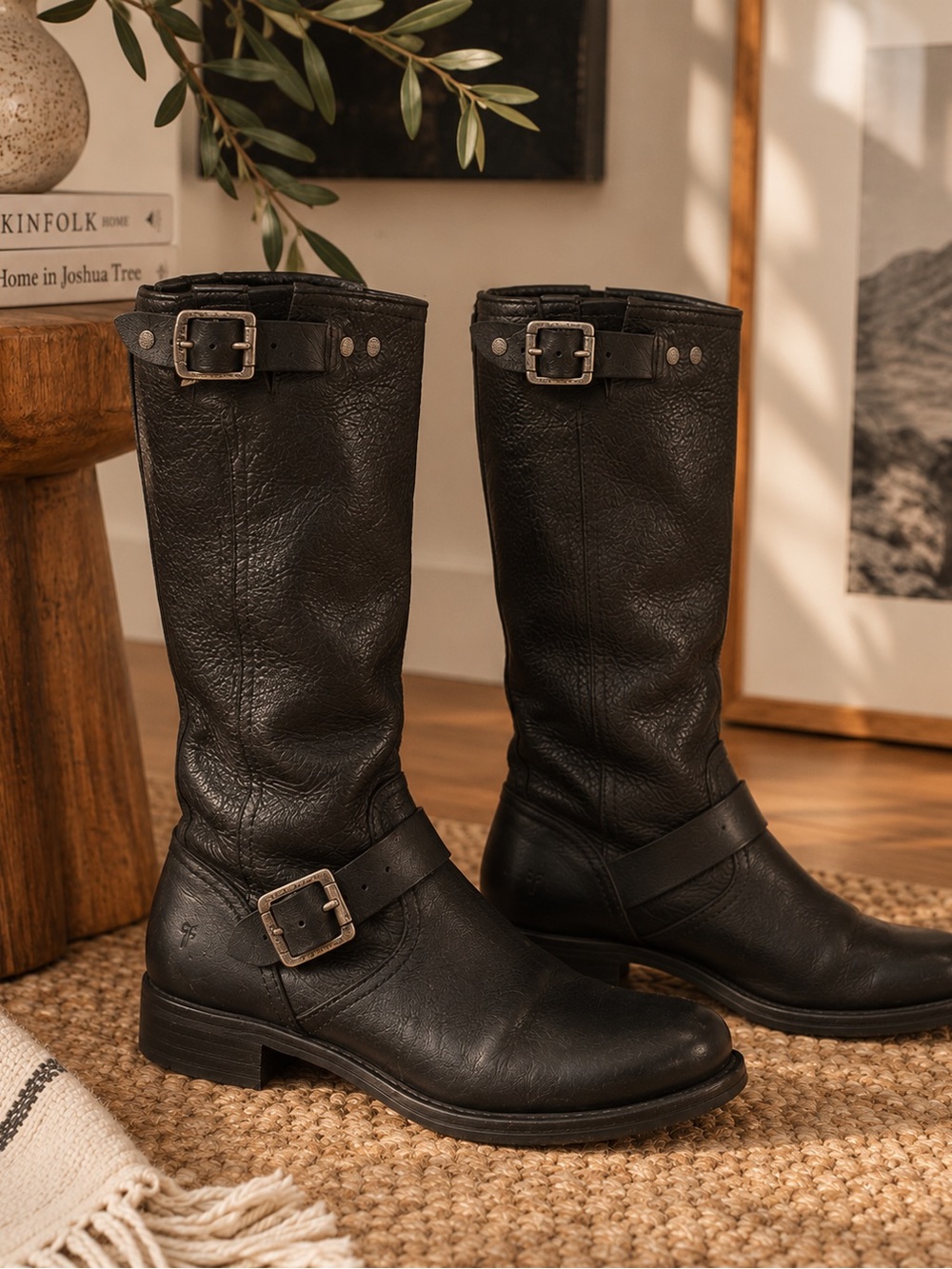 Frye Black Leather Engineer Boots with Buckle Details